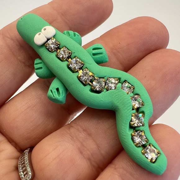 Alligator Polymer Clay Dangle Earrings Brooch Set Handmade Zoolery Vintage - Picture 3 of 6